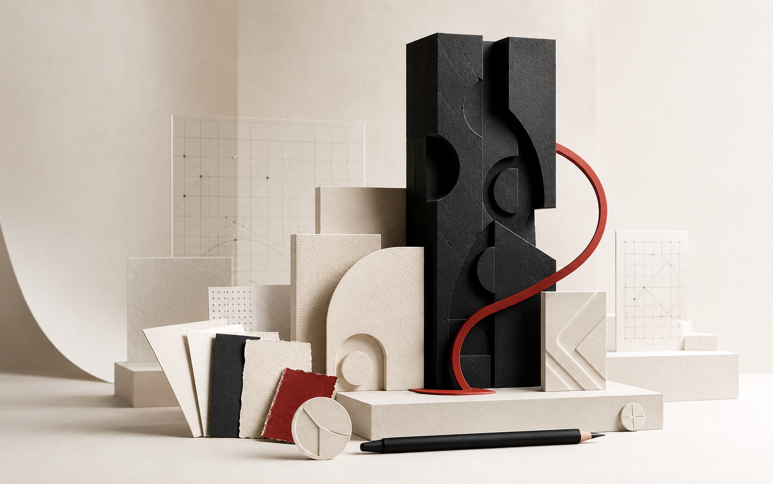 Sculptural brand system made from tactile paper, black forms and a restrained red signal