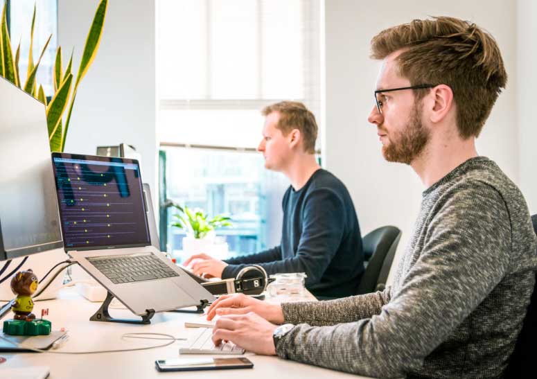Two men working at desks with computers in a modern office setting. One man is using a laptop on a stand, while the other is working on a desktop computer. There are plants and office supplies on the desks.
